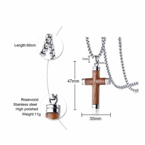 Mens Cross Pendant Necklace in Rosewood and Stainless Steel Crucifix 24 inch - Picture 4 of 5